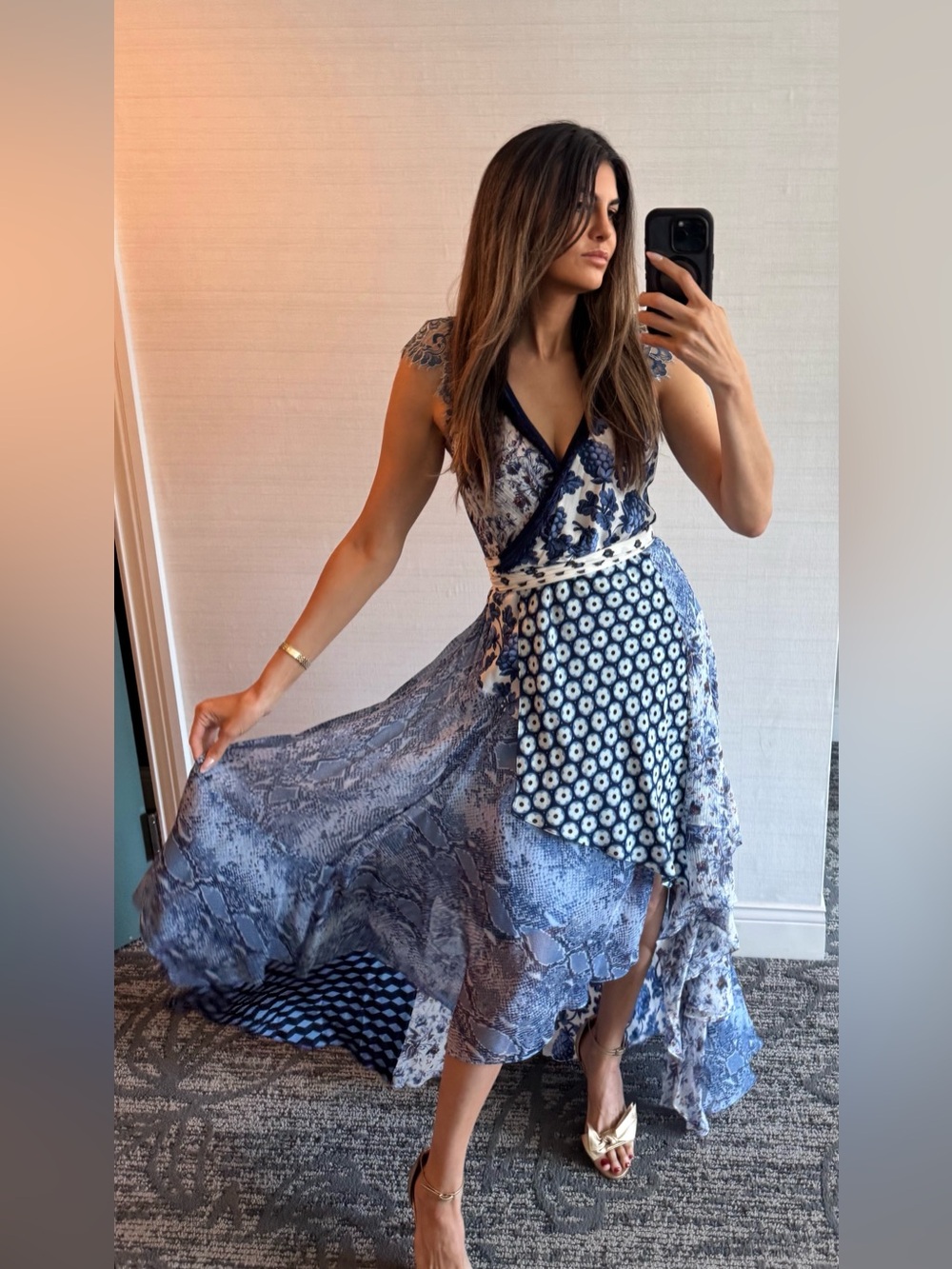 Diane Von Furstenberg Blue and White Mixed-Print Wrap Maxi Dress size 4